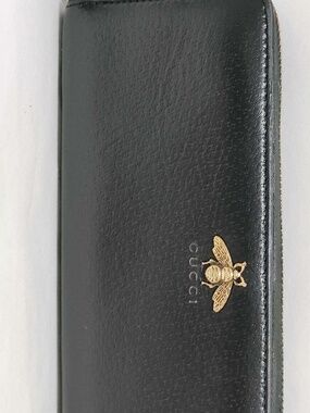 Gucci Animalier Bee Black Leather Zip Around Long Wallet Gold Hardware